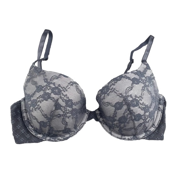 Victoria's Secret Push Up Bra Womens 32D‎ Gray Floral Lace Lined Demi Buste - Picture 1 of 10